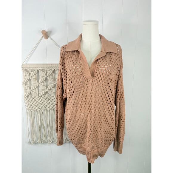Aerie Tan Oversized Open Knit Polo Sweater Size Medium - Picture 3 of 10